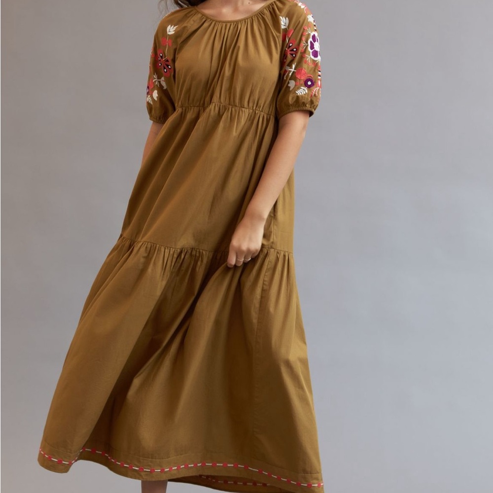 Anthropologie Olive Green Embroidered Maxi Dress
